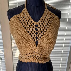 Brand New Tan Cropped Halter Top with Cut Out Design